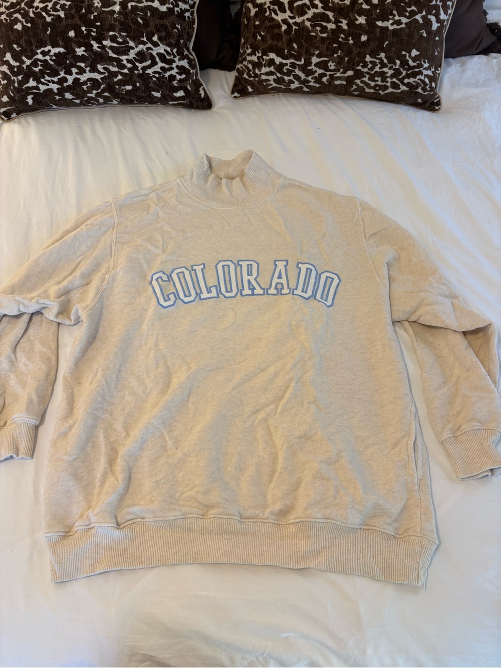 aerie Beige Mock Neck Sweatshirt with Light Blue "COLORADO" Lettering